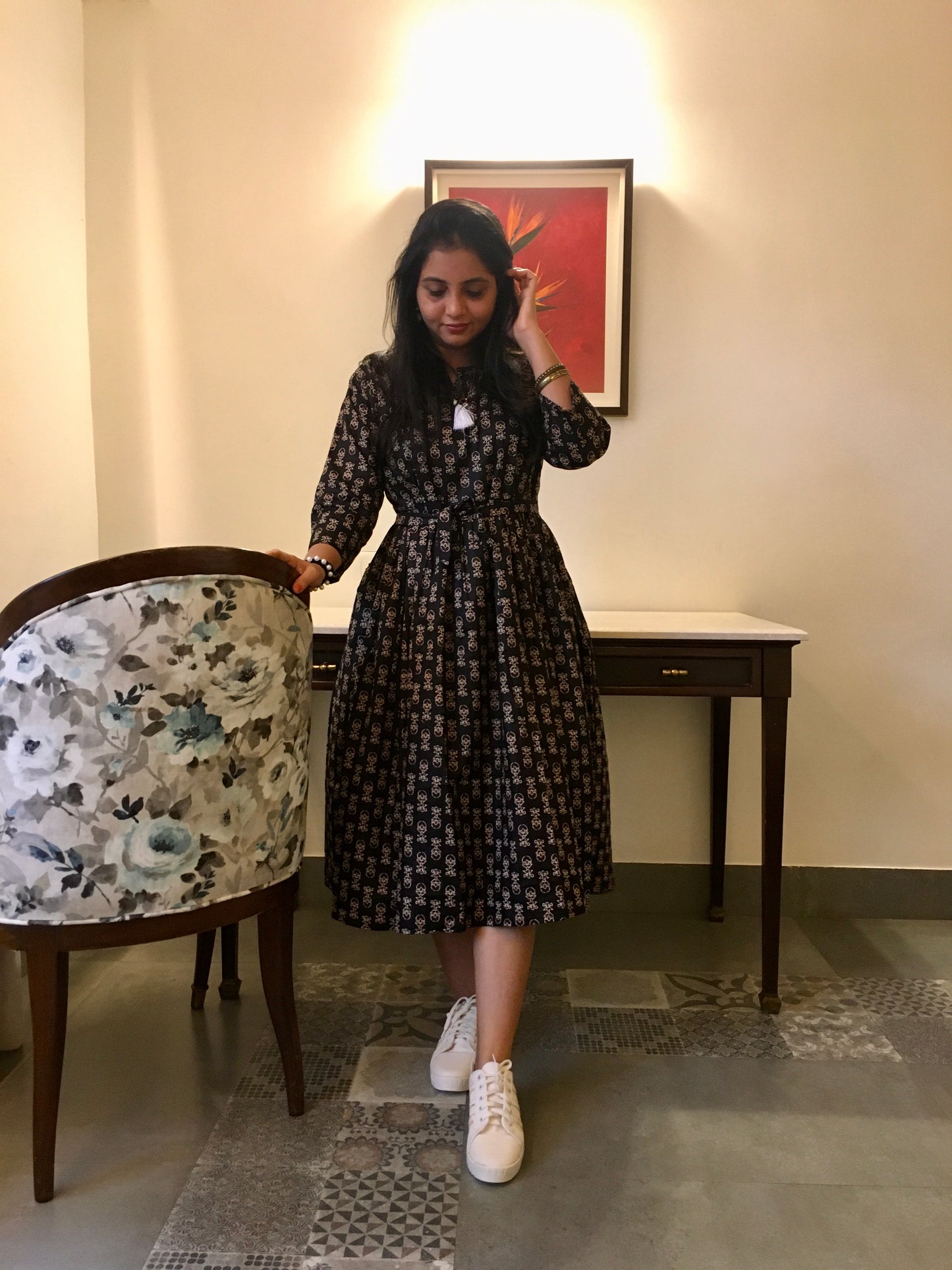 New York Style - Flared Dress - Maternity Suitable - Black Cream Ajrakh