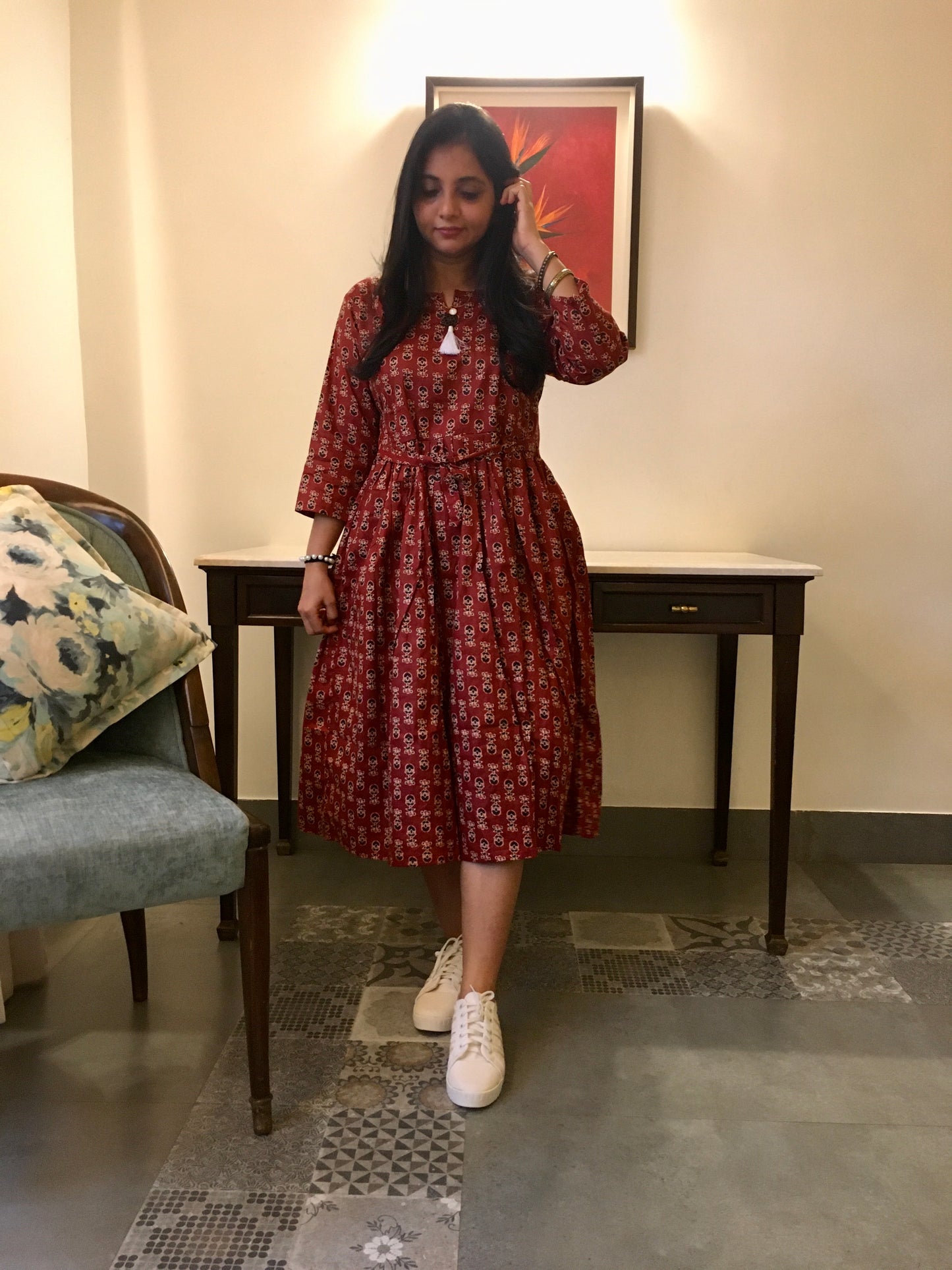 New York Style - Flared Dress - Maternity Suitable - Maroon Cream Ajrakh
