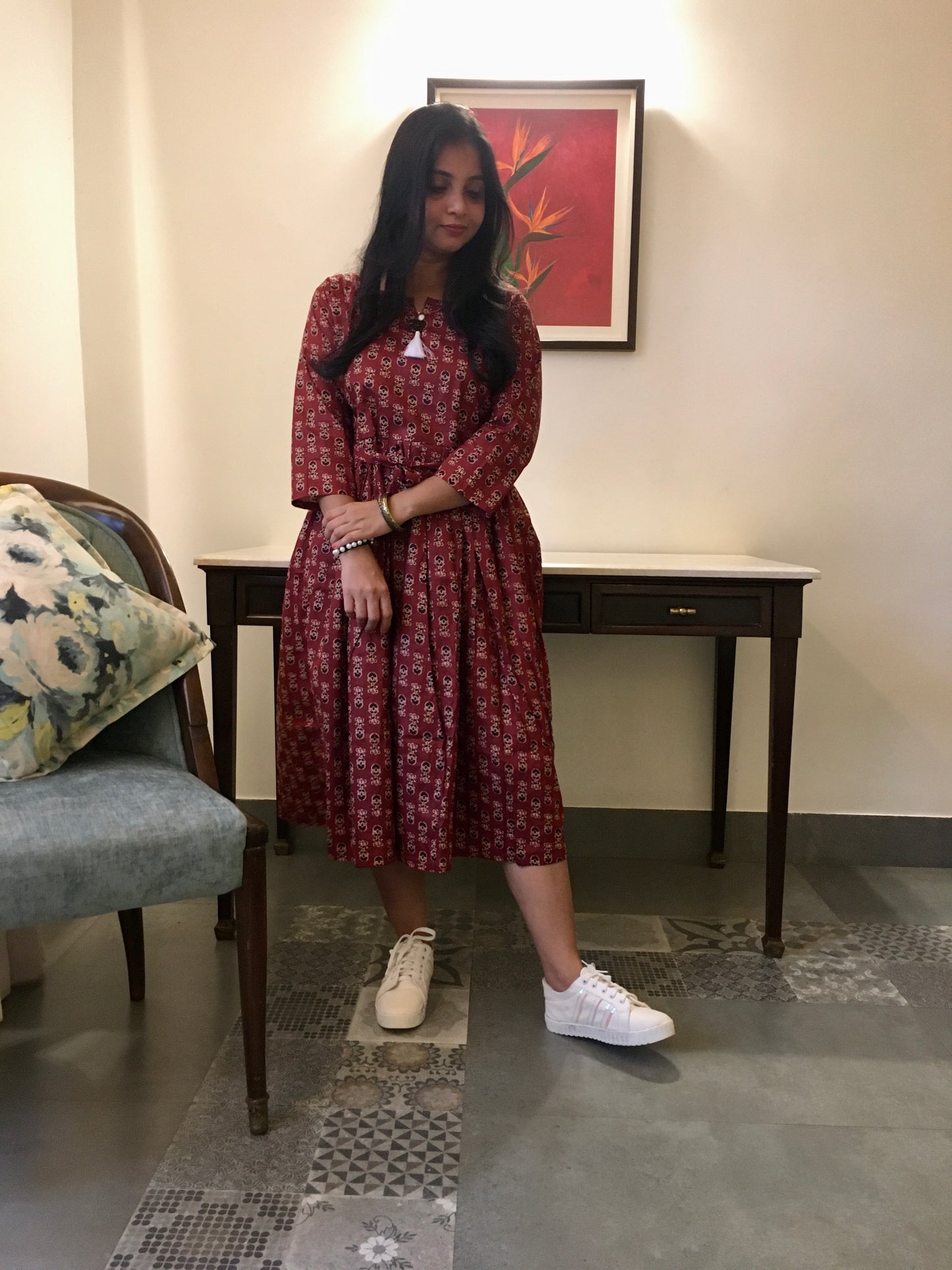New York Style - Flared Dress - Maternity Suitable - Maroon Cream Ajrakh