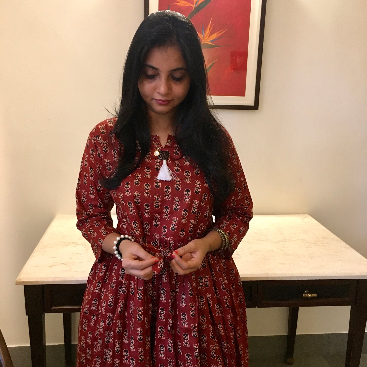 New York Style - Flared Dress - Maternity Suitable - Maroon Cream Ajrakh