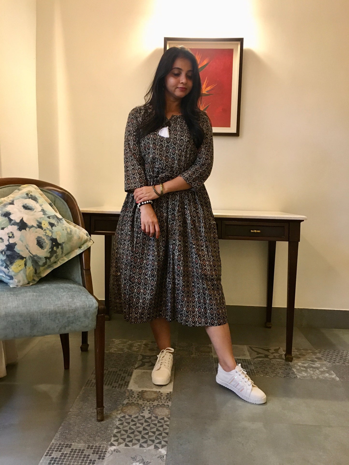 New York Style - Flared Dress - Maternity Suitable - Kalamkari Ajrakh - Black