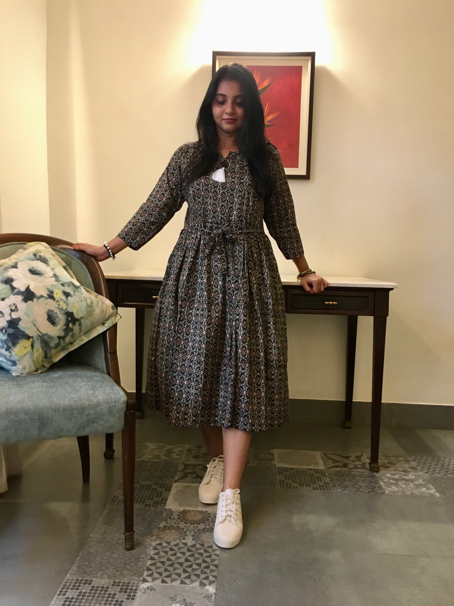 New York Style - Flared Dress - Maternity Suitable - Kalamkari Ajrakh - Black