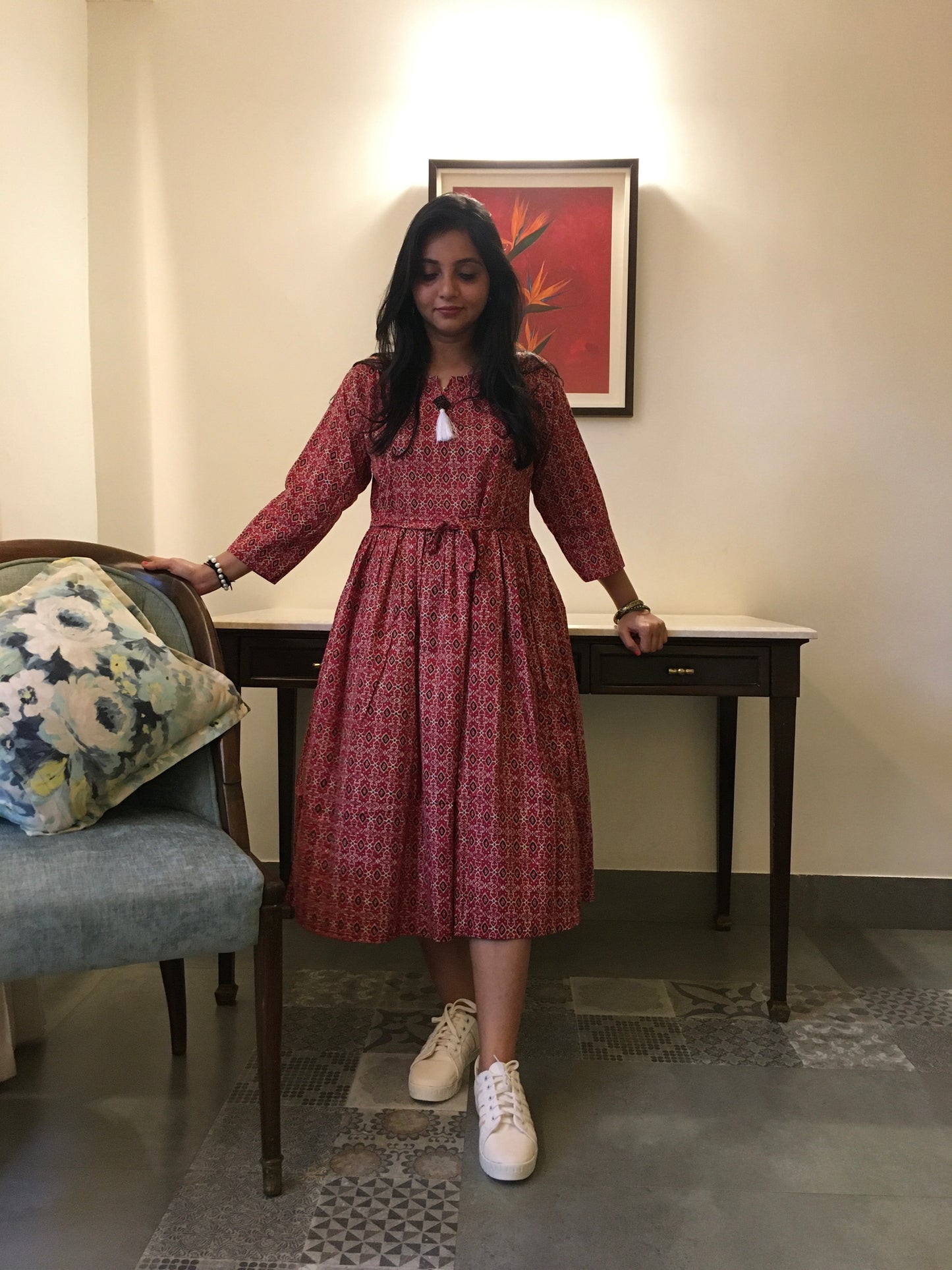New York Style - Flared Dress - Maternity Suitable -Kalamkari Ajrakh - Red
