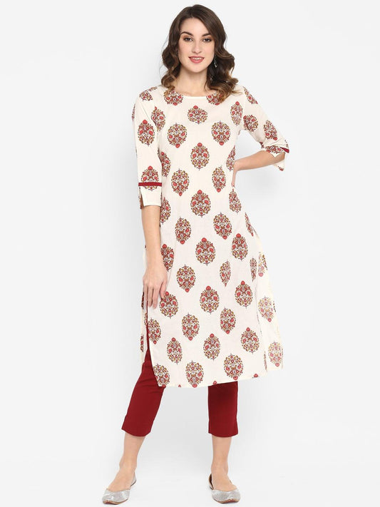 White Cotton Floral Print Straight Kurta with White Pant