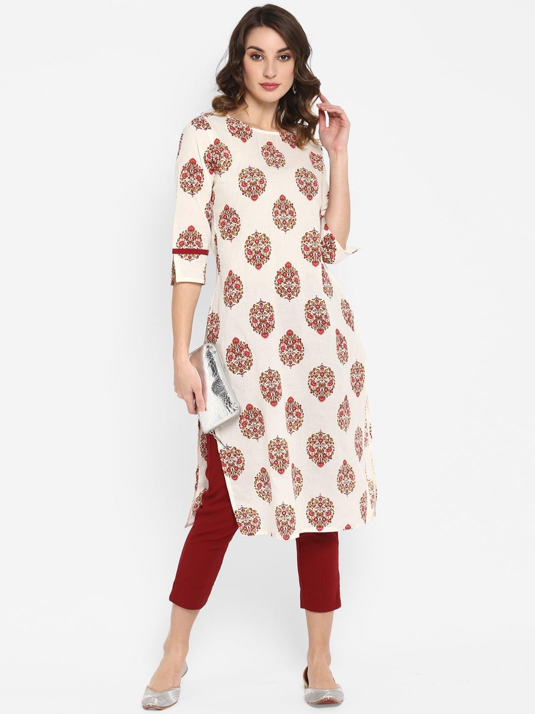 White Cotton Floral Print Straight Kurta - 3440
