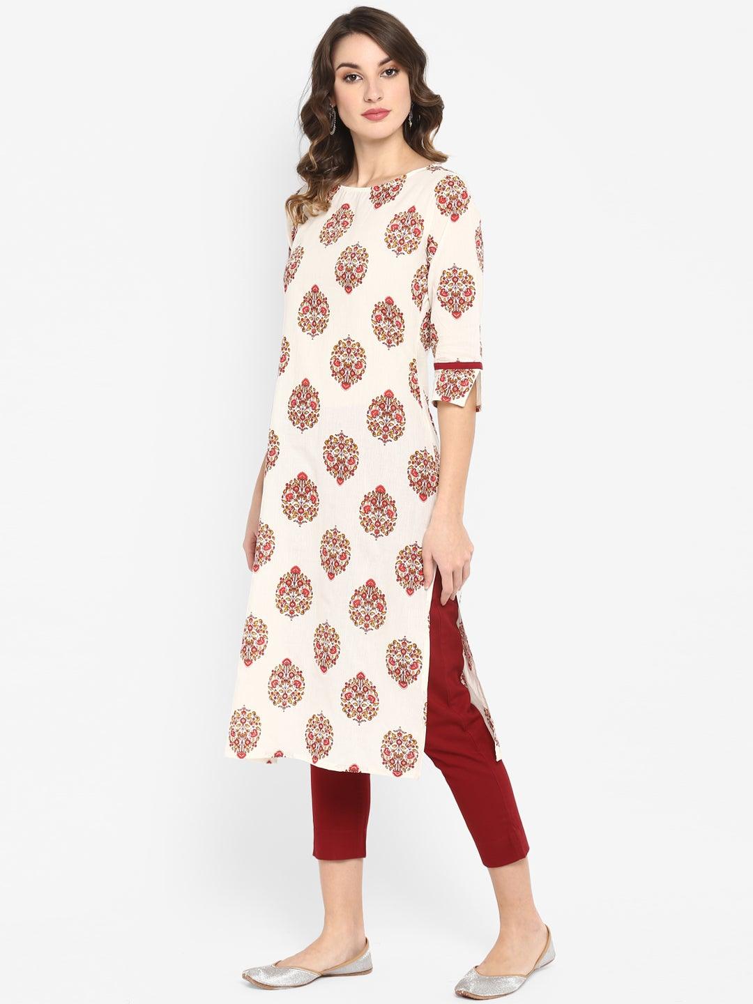 White Cotton Floral Print Straight Kurta - 3440