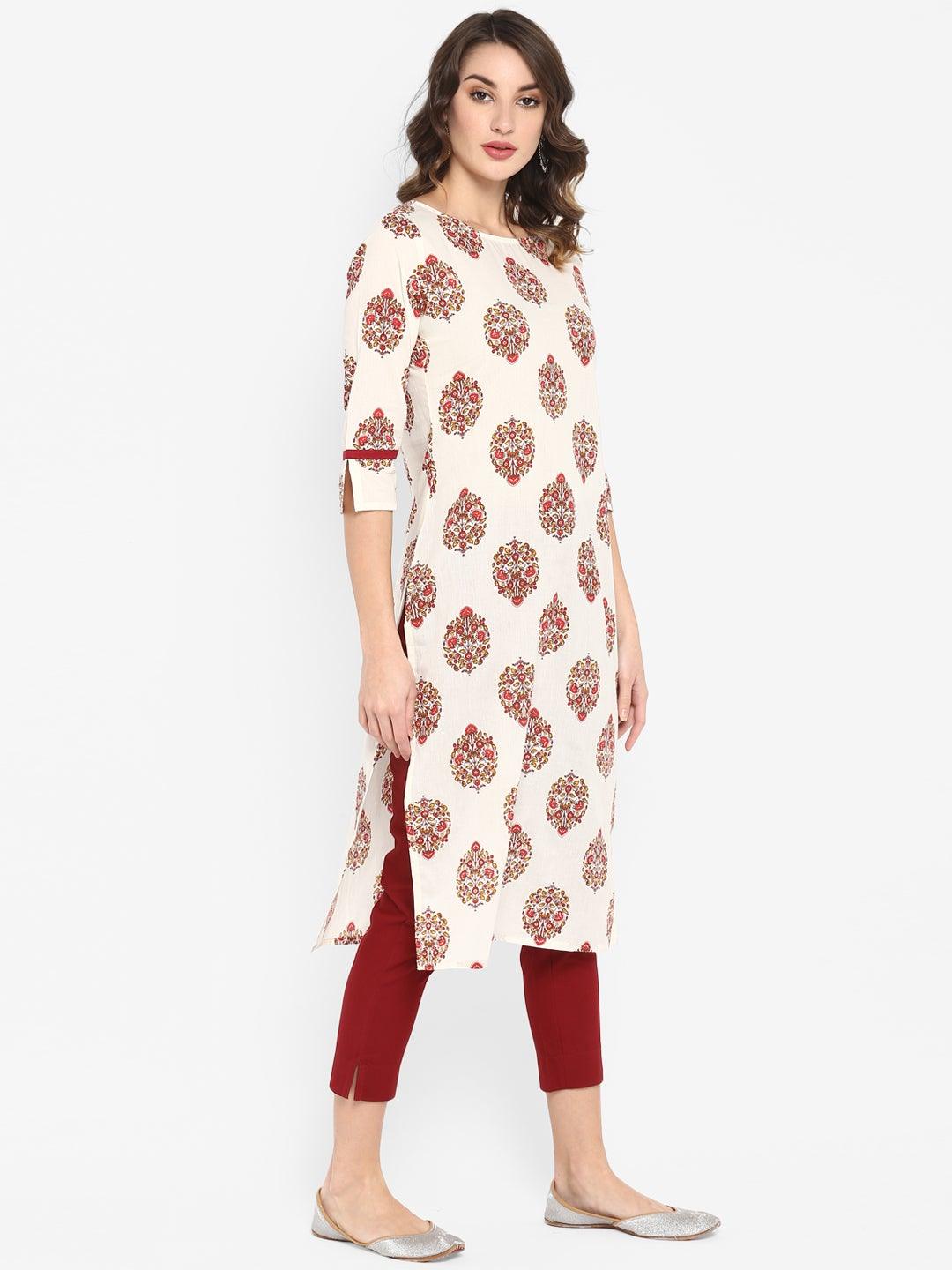White Cotton Floral Print Straight Kurta - 3440