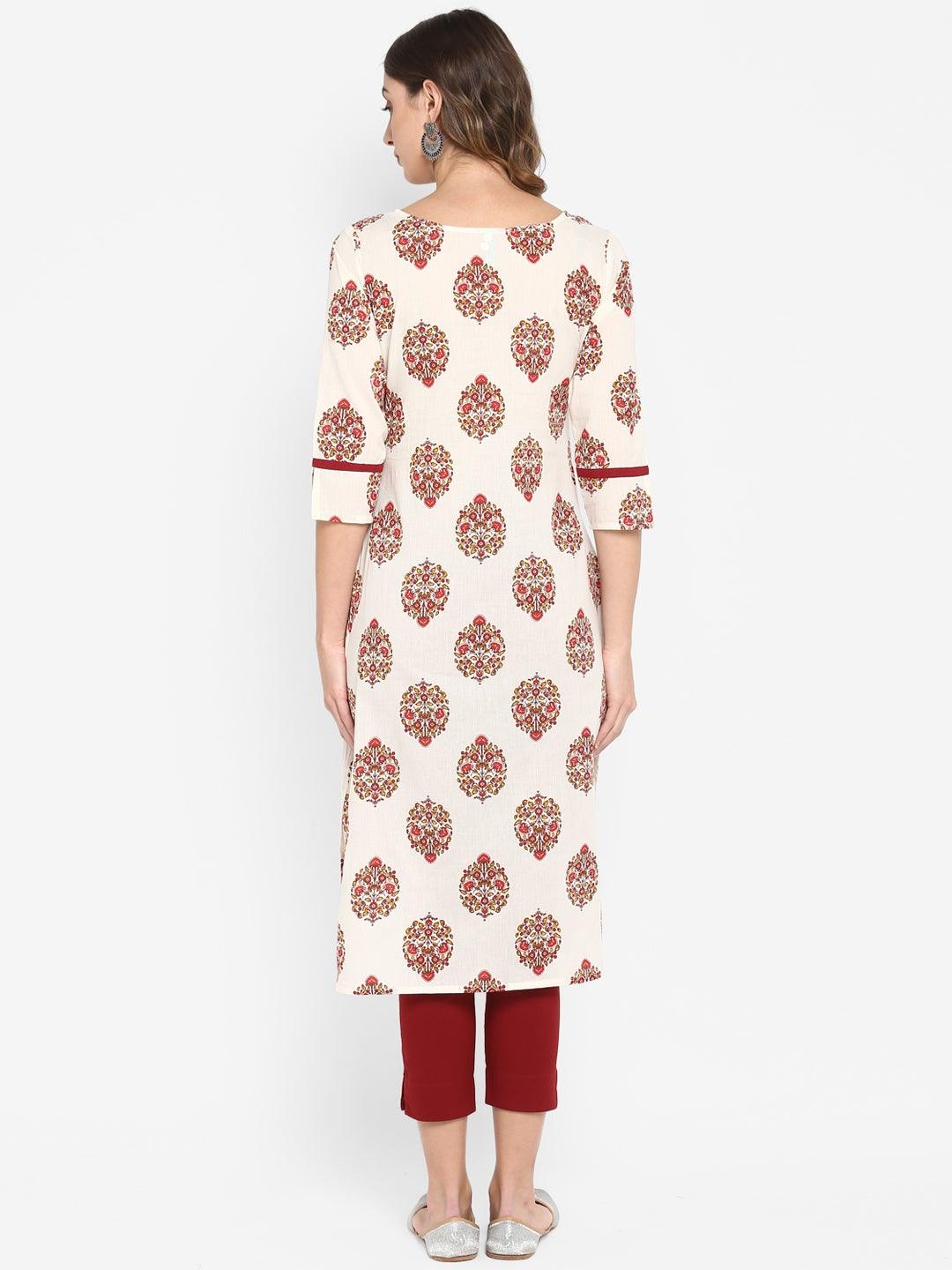 White Cotton Floral Print Straight Kurta - 3440