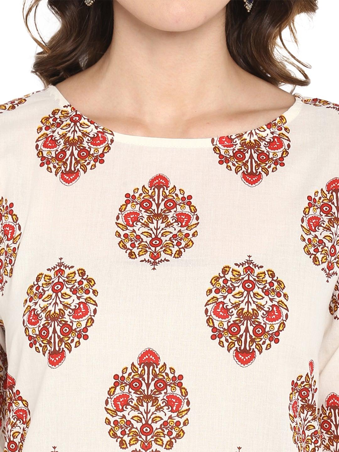 White Cotton Floral Print Straight Kurta - 3440