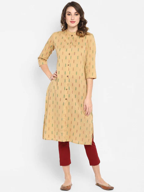 Beige Cotton Ikat Straight Kurta - 3443