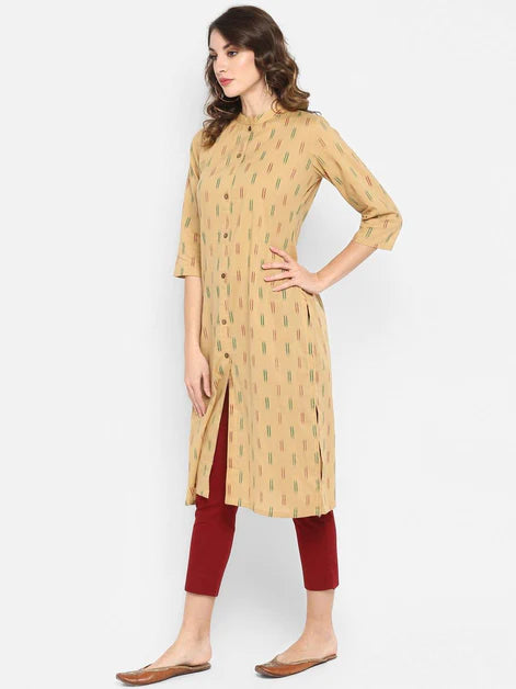 Beige Cotton Ikat Straight Kurta - 3443