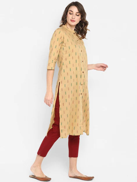 Beige Cotton Ikat Straight Kurta - 3443