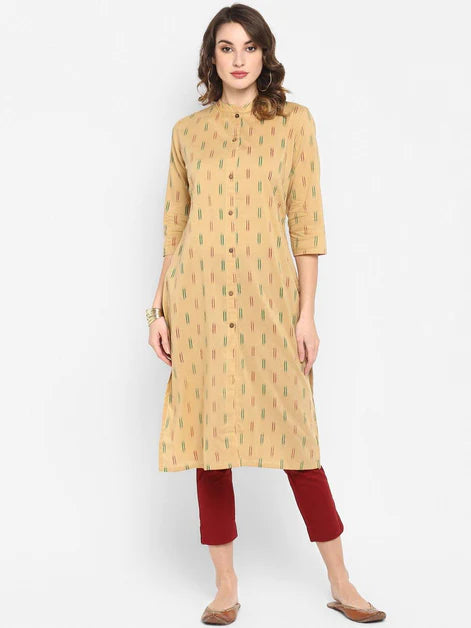 Beige Cotton Ikat Straight Kurta - 3443