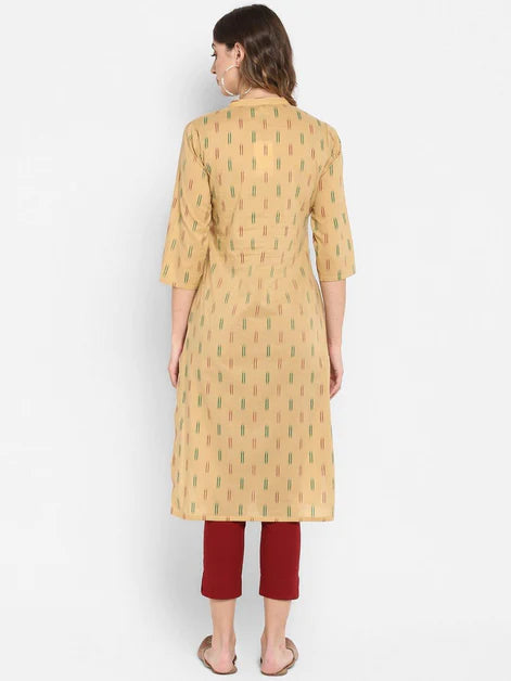 Beige Cotton Ikat Straight Kurta - 3443