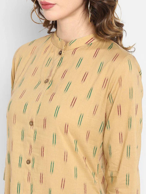 Beige Cotton Ikat Straight Kurta - 3443
