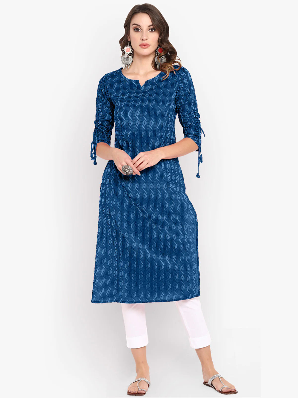 Blue Katha work Cotton Kurti- Knee Length - 3567