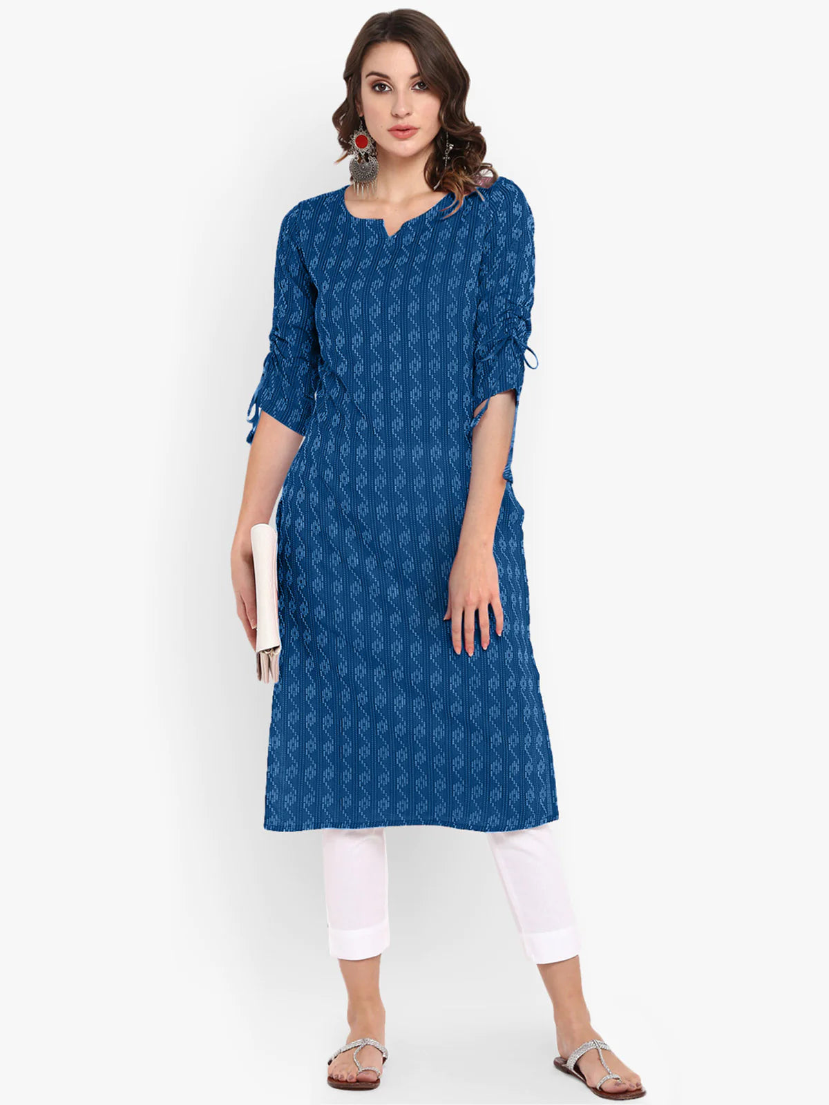 Blue Katha work Cotton Kurti- Knee Length - 3567