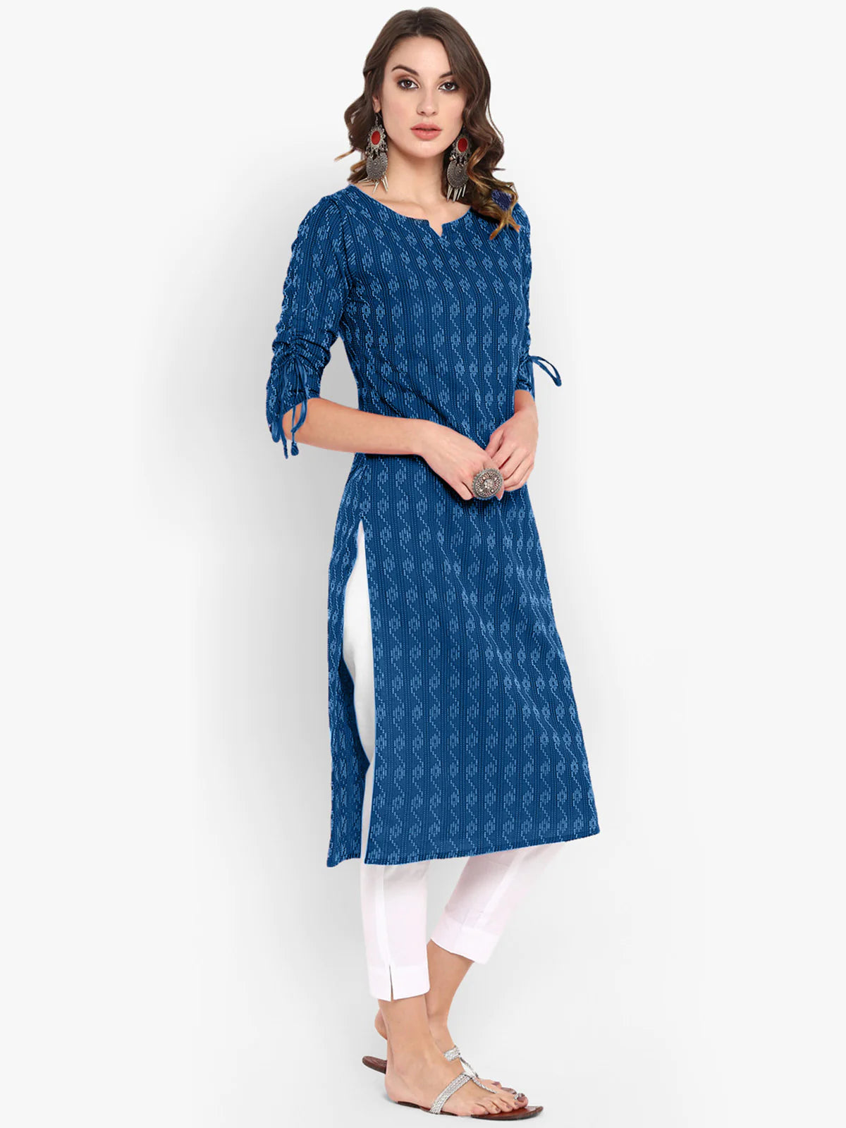 Blue Katha work Cotton Kurti- Knee Length - 3567