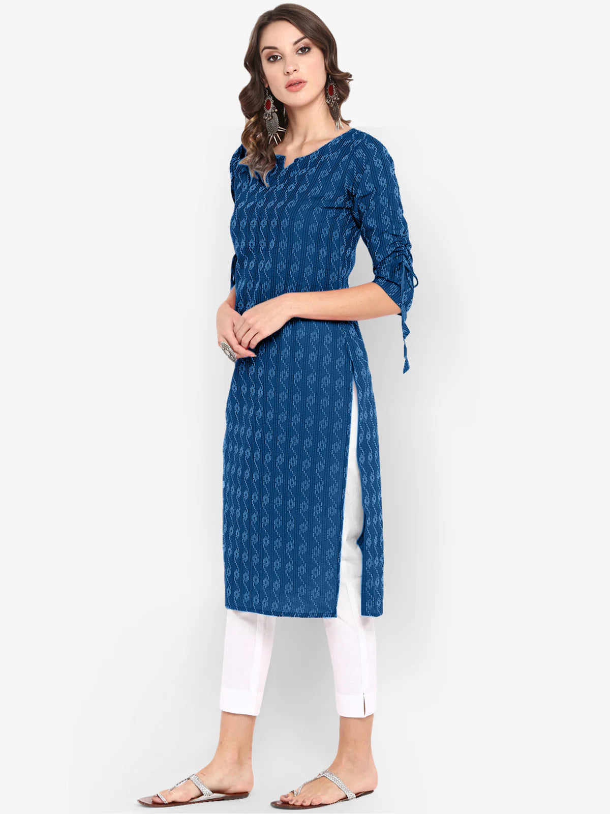Blue Katha work Cotton Kurti- Knee Length - 3567