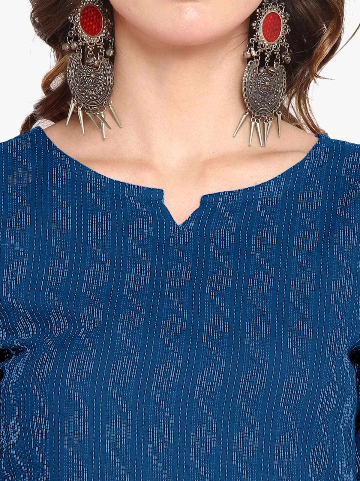 Blue Katha work Cotton Kurti- Knee Length - 3567