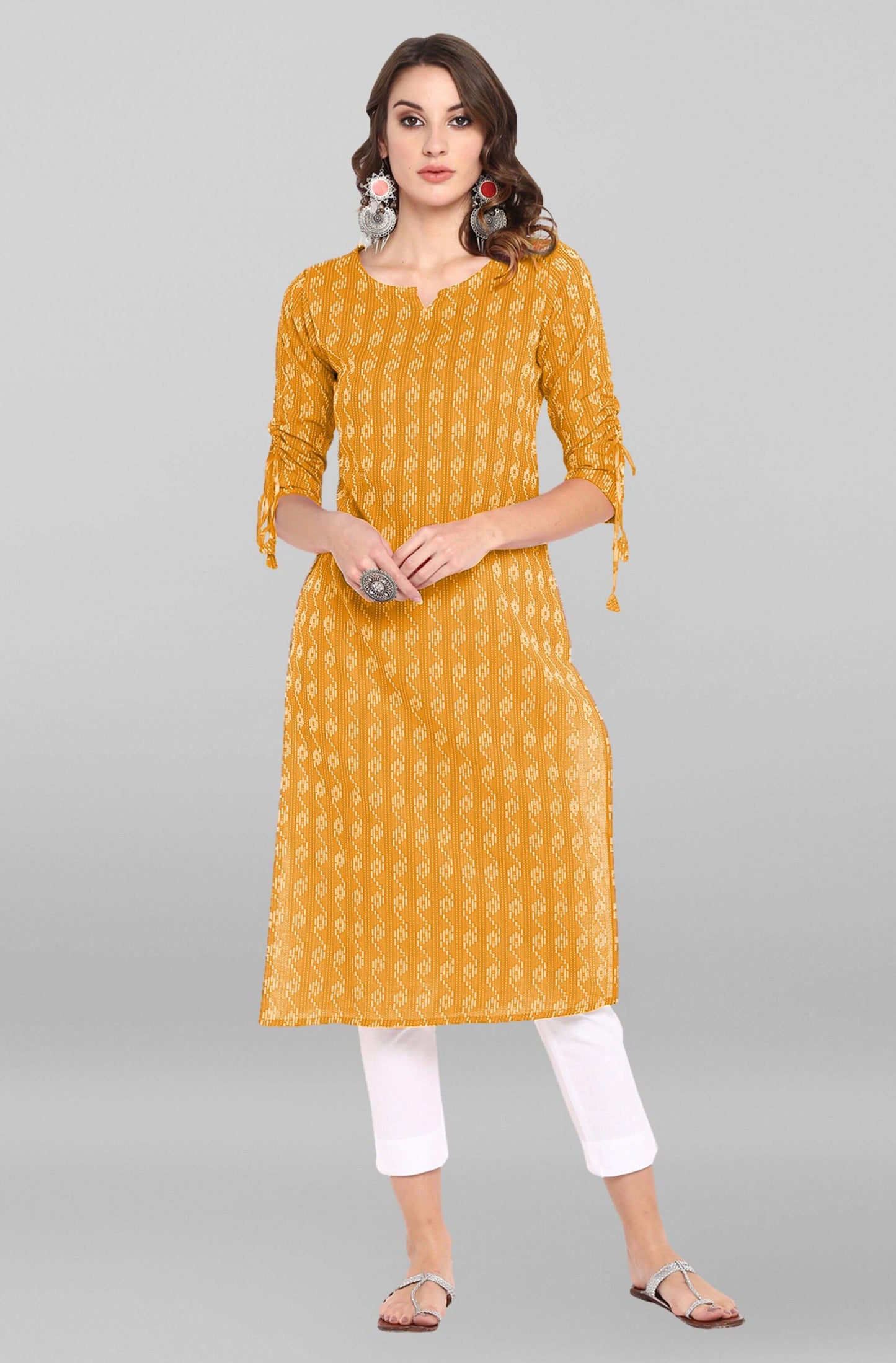 Yellow Katha work Cotton Kurti- Knee Length - 3568