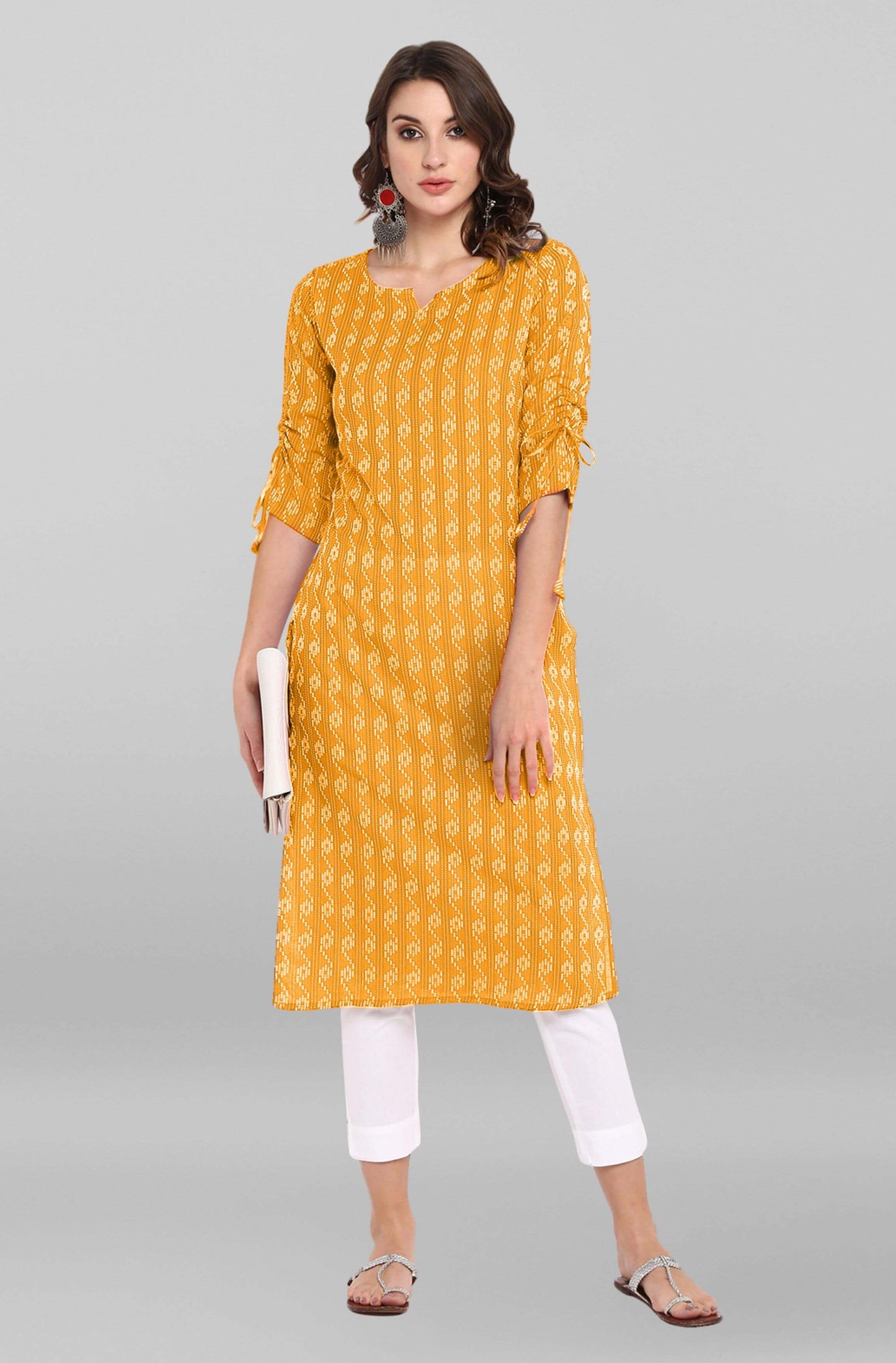 Yellow Katha work Cotton Kurti- Knee Length - 3568