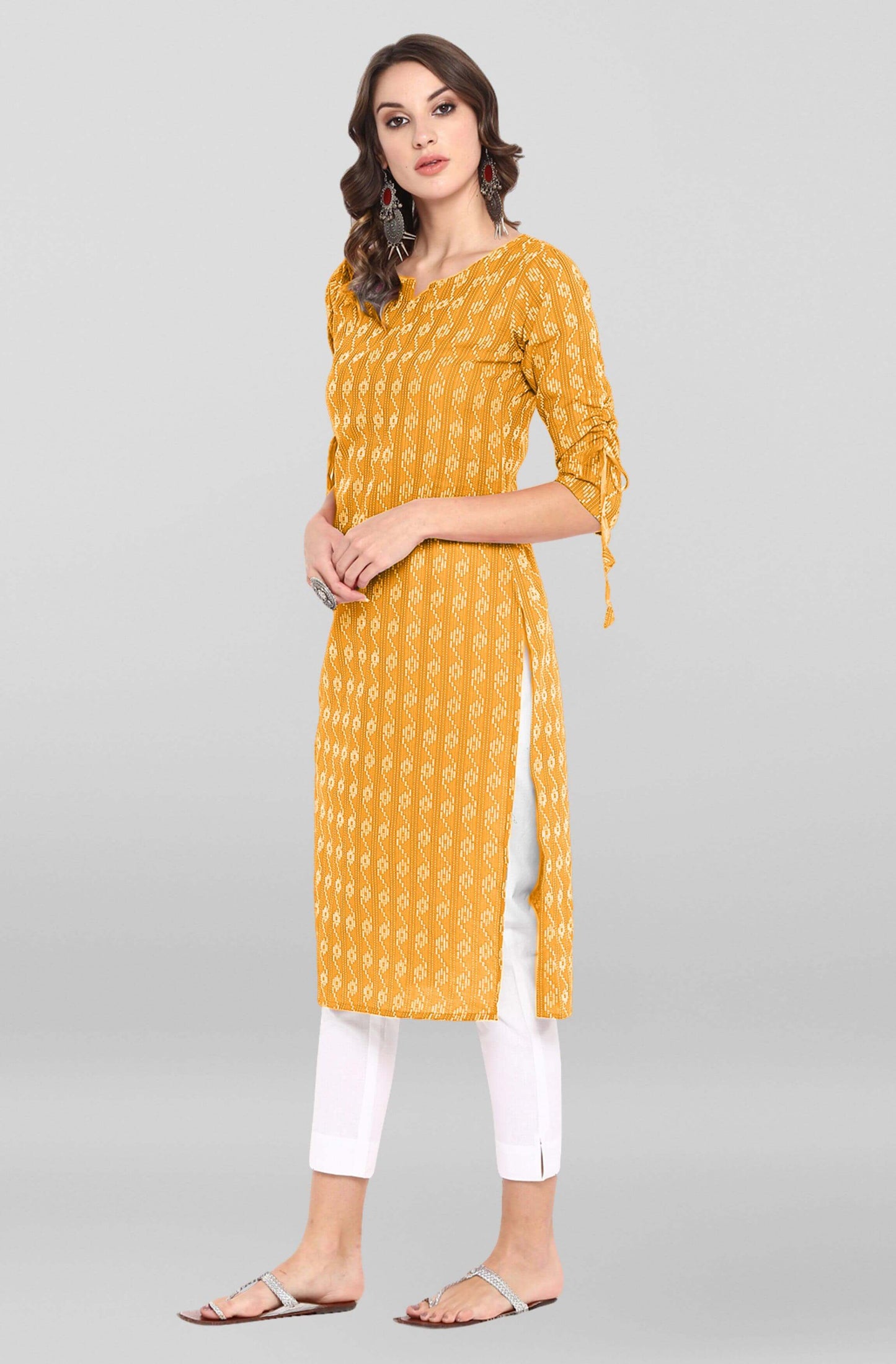 Yellow Katha work Cotton Kurti- Knee Length - 3568