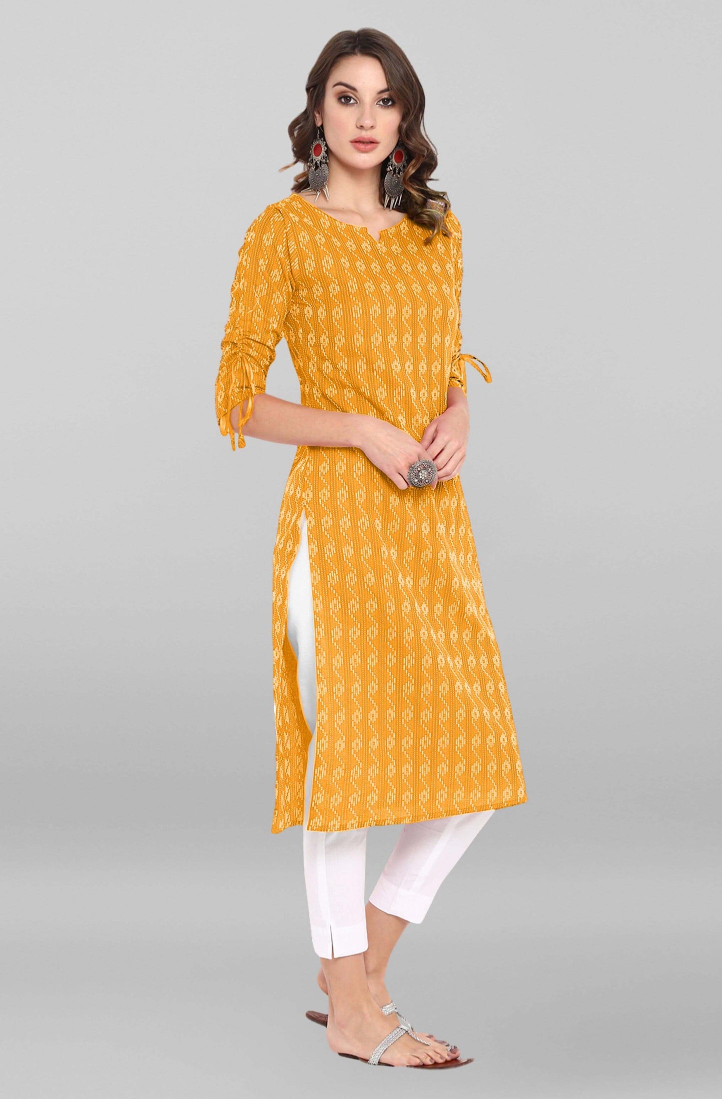 Yellow Katha work Cotton Kurti- Knee Length - 3568