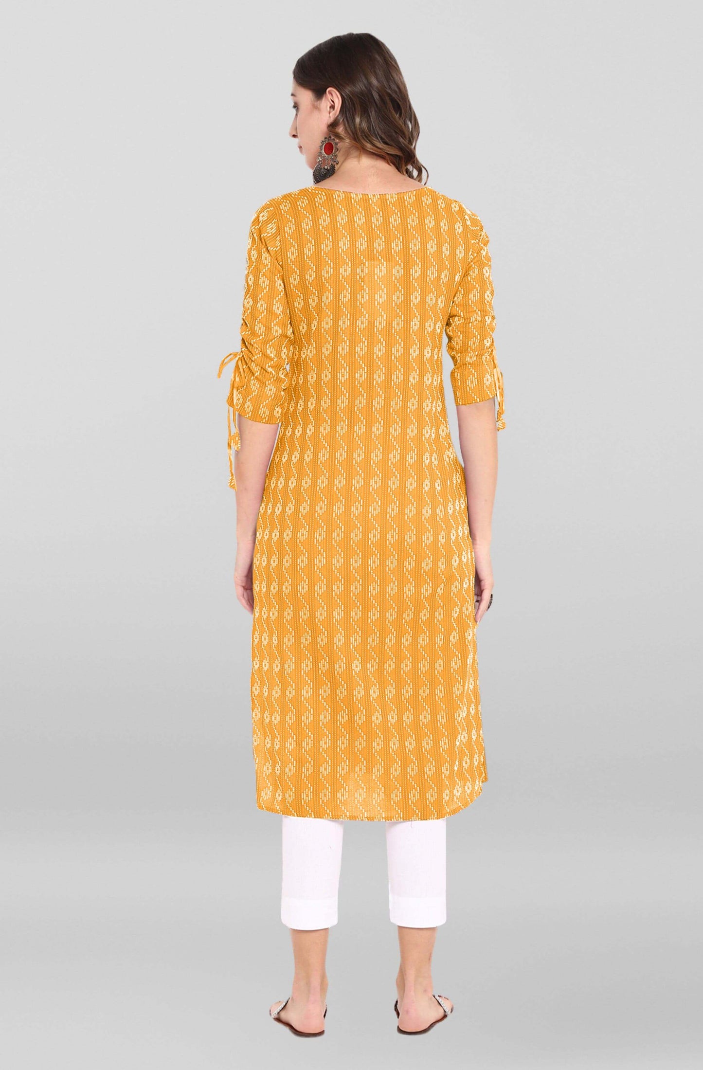 Yellow Katha work Cotton Kurti- Knee Length - 3568