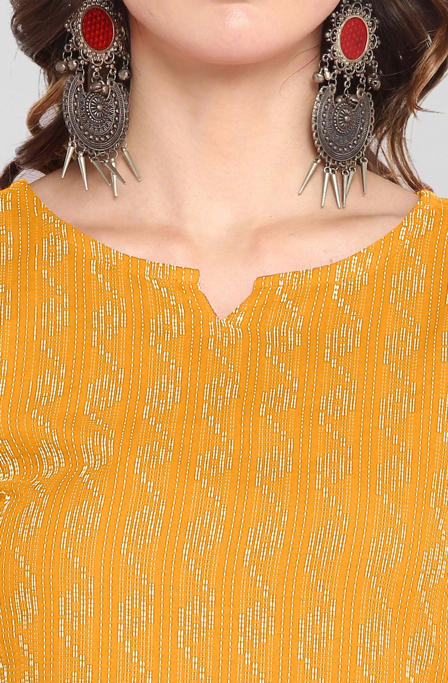 Yellow Katha work Cotton Kurti- Knee Length - 3568