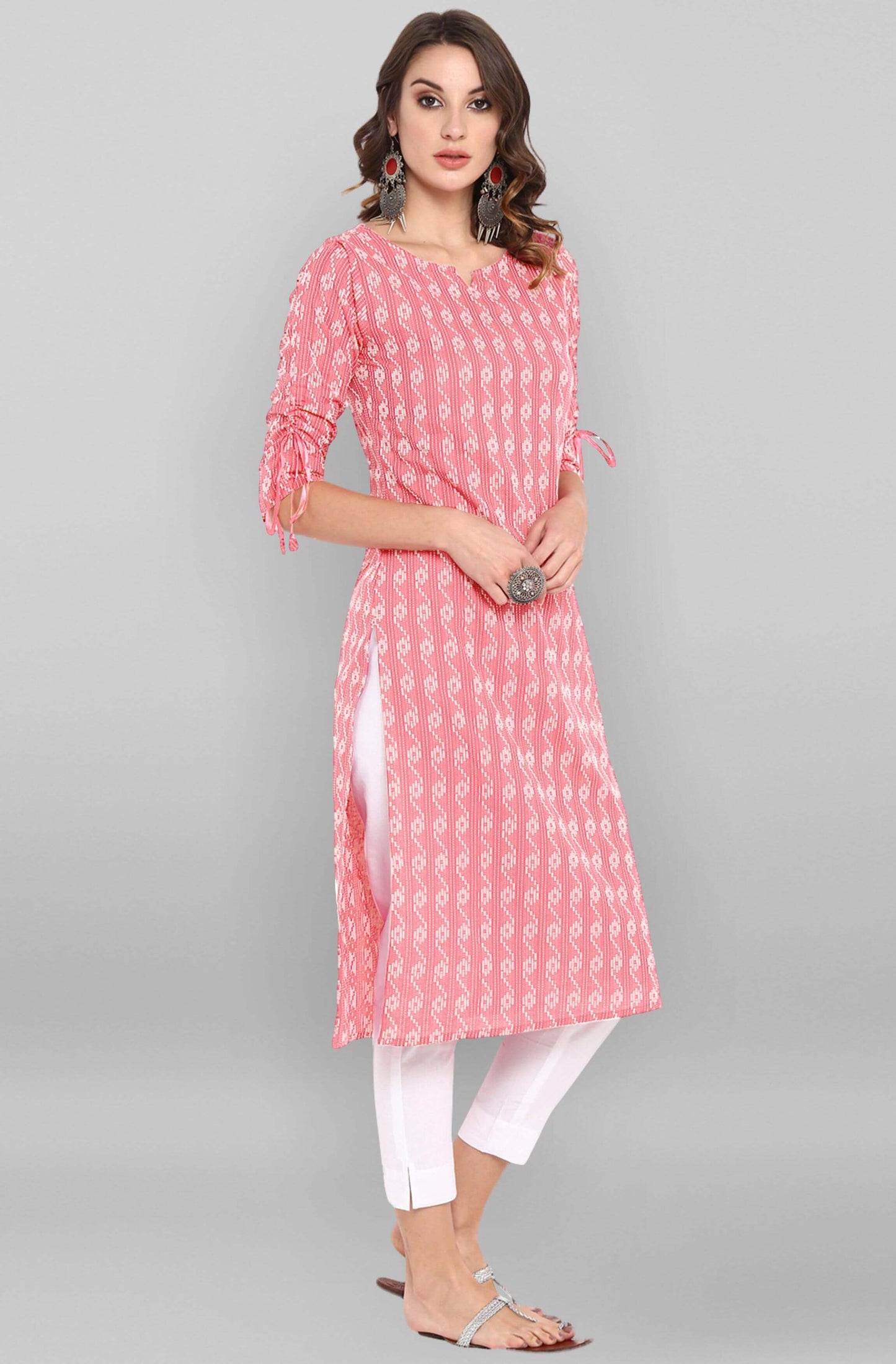 Light Pink Katha work Cotton Kurti- Knee Length - 3803