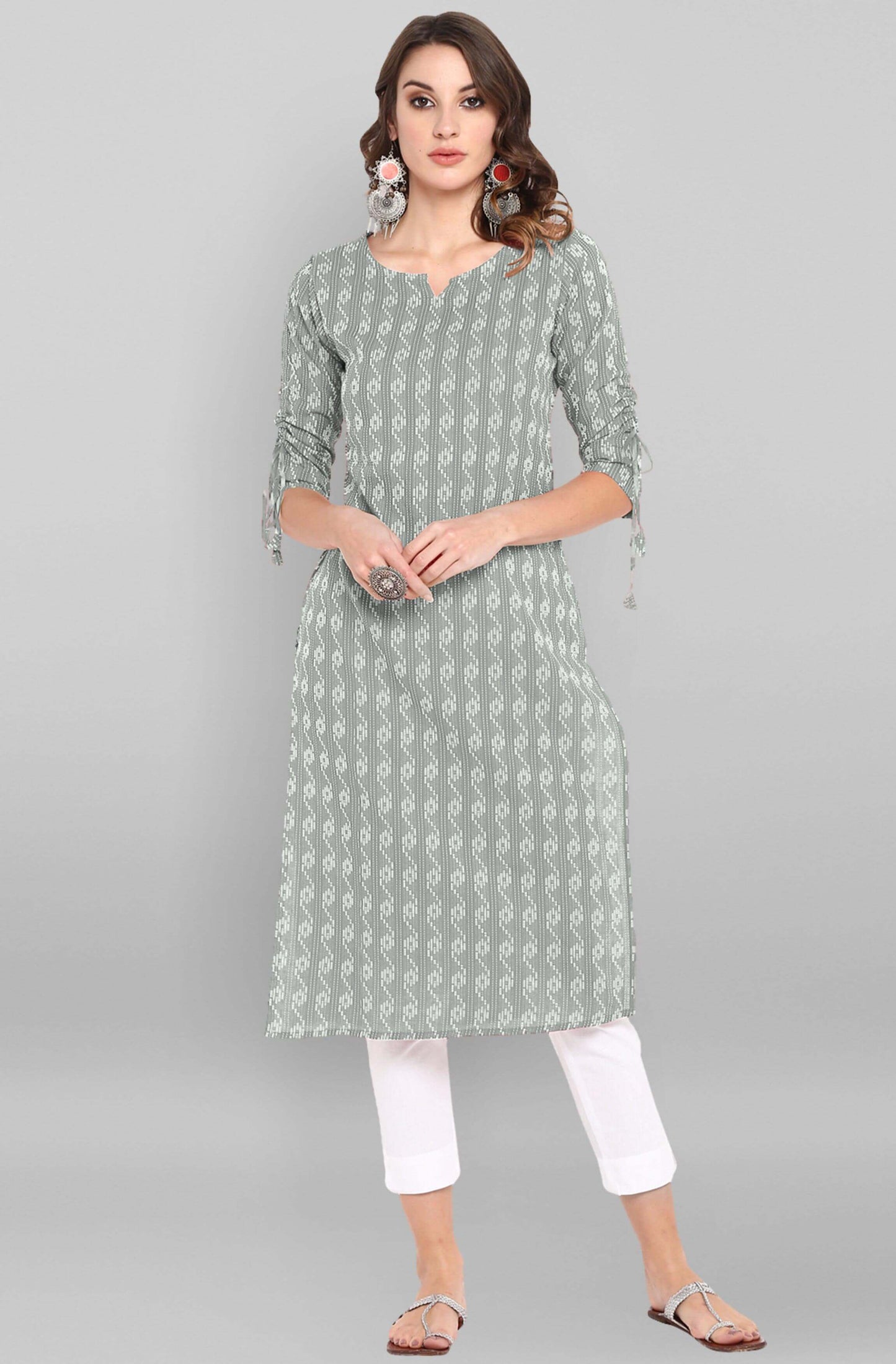 Grey Katha work Cotton Kurti- Knee Length - 3804