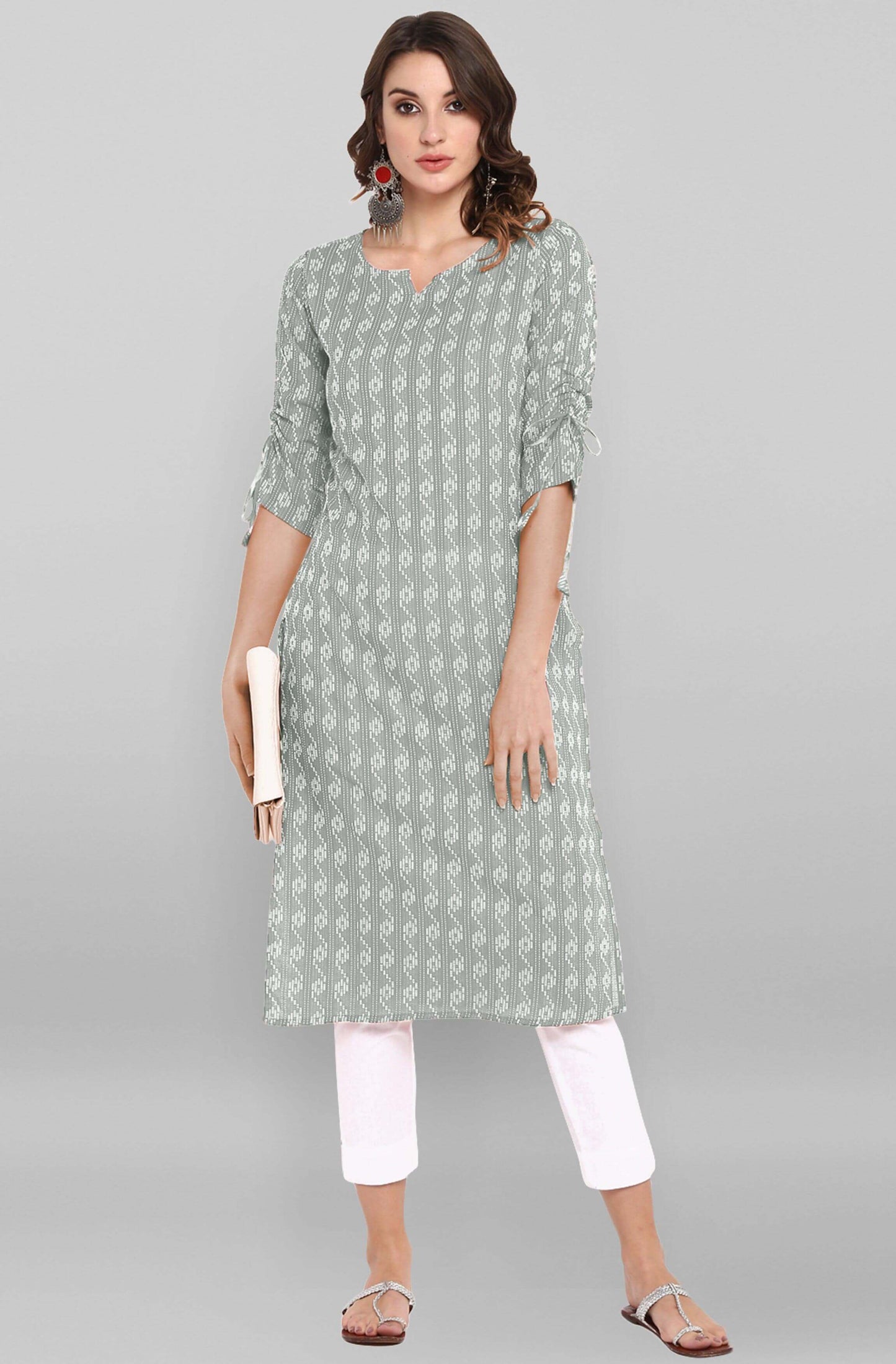Grey Katha work Cotton Kurti- Knee Length - 3804