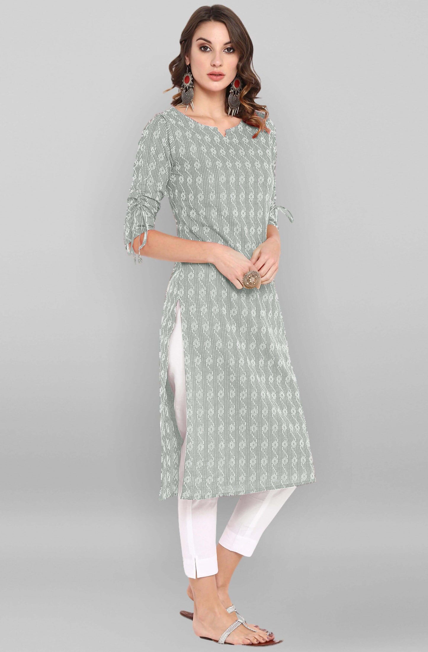 Grey Katha work Cotton Kurti- Knee Length - 3804
