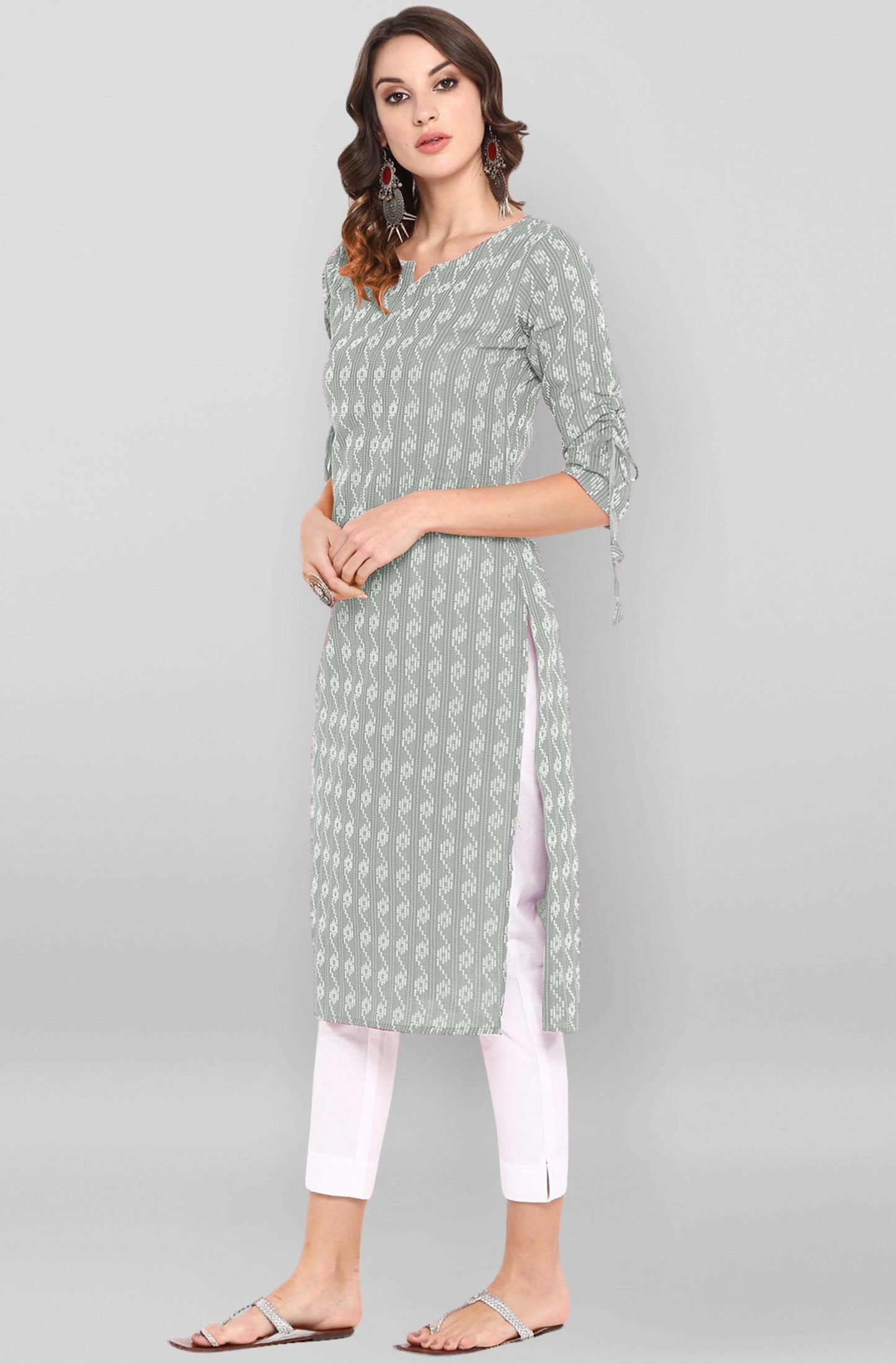 Grey Katha work Cotton Kurti- Knee Length - 3804