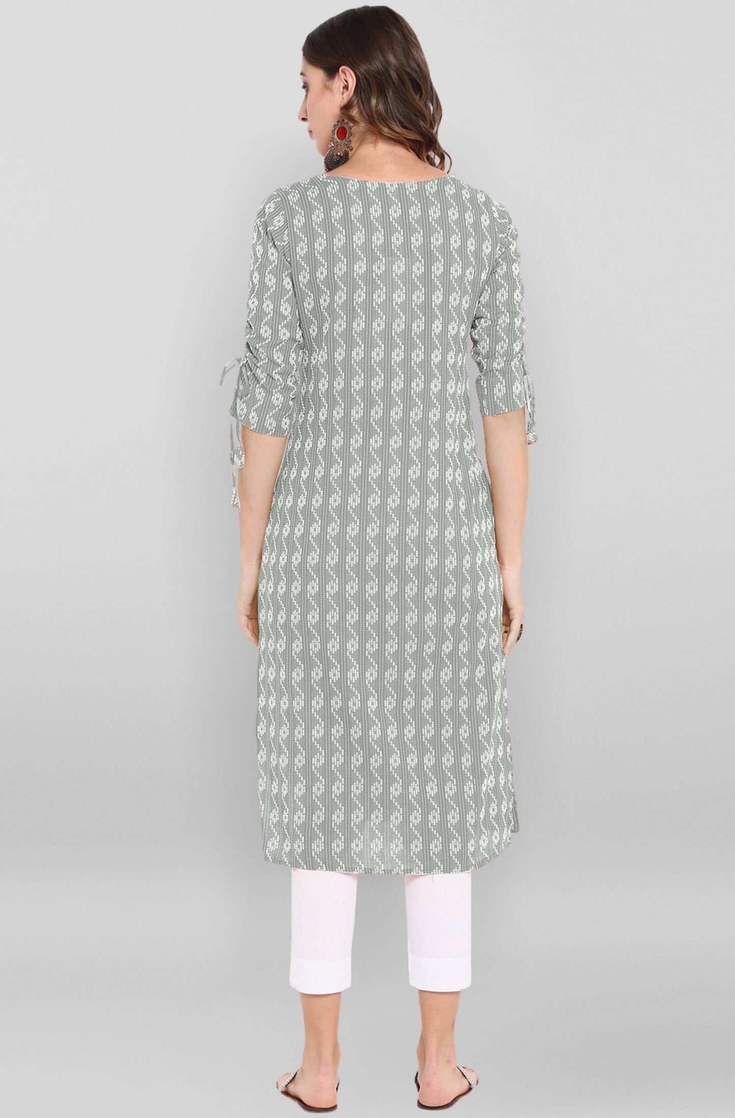 Grey Katha work Cotton Kurti- Knee Length - 3804