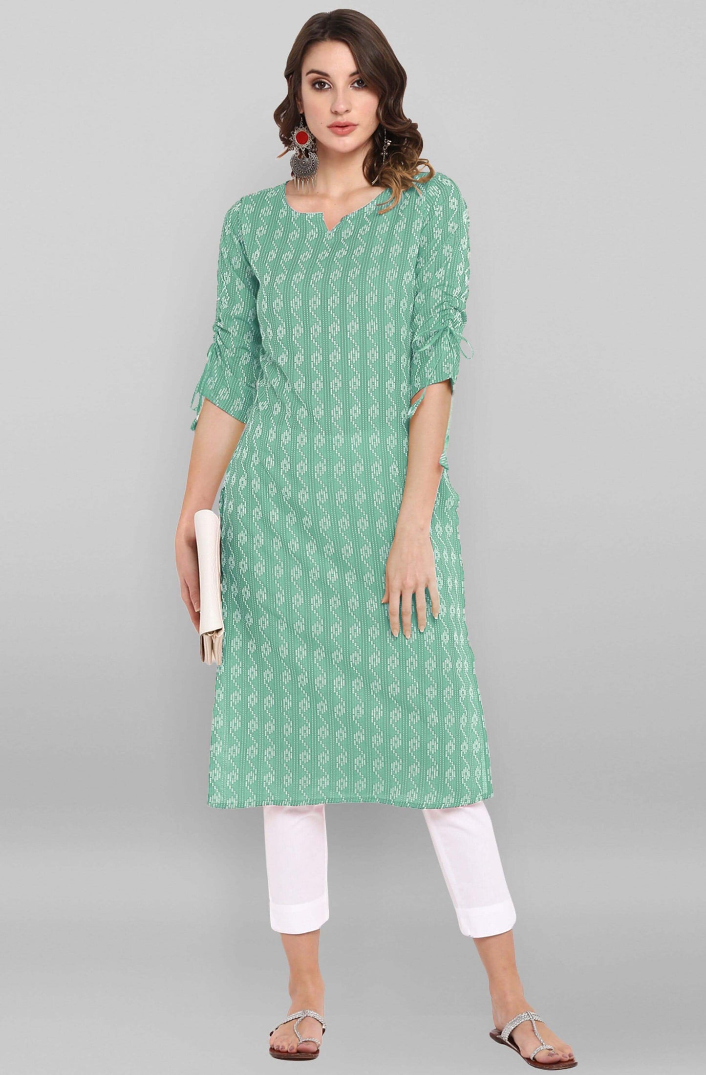 Pista Green Katha work Cotton Kurti- Knee Length - 3805