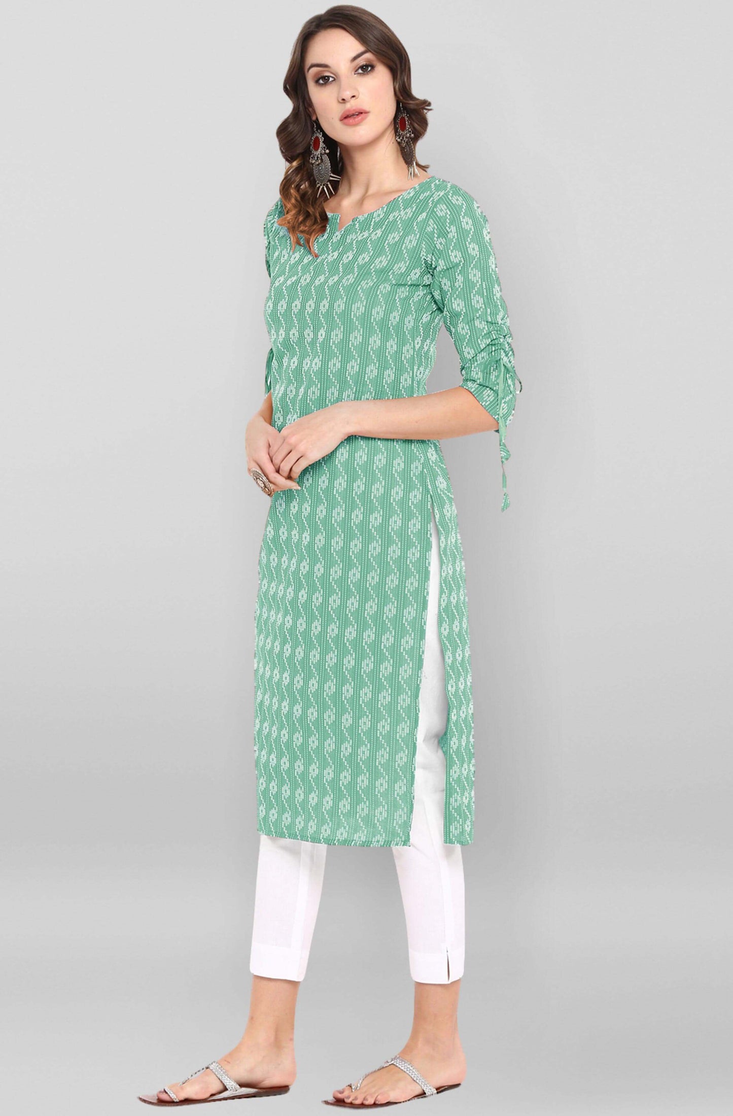 Pista Green Katha work Cotton Kurti- Knee Length - 3805