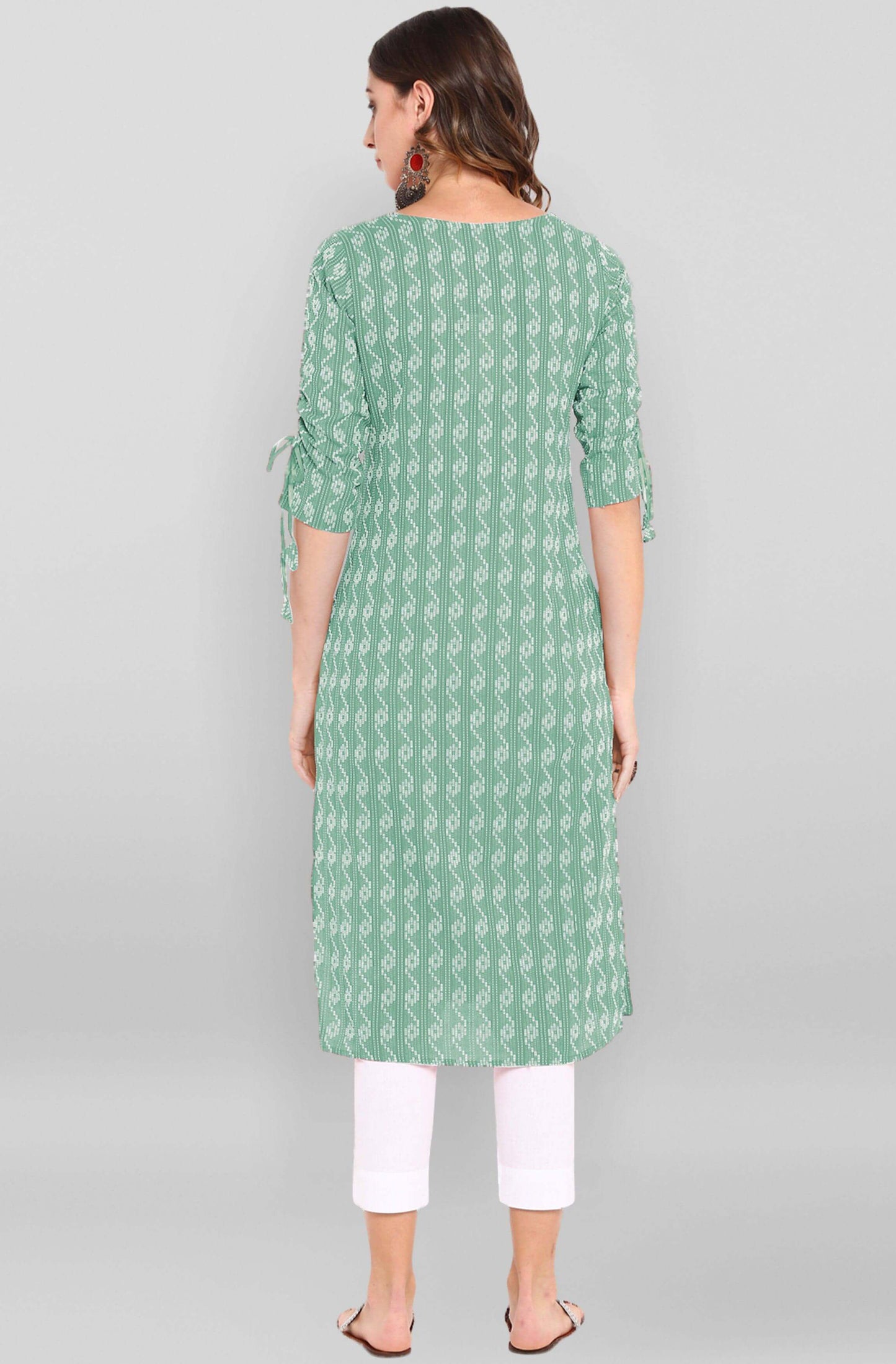 Pista Green Katha work Cotton Kurti- Knee Length - 3805