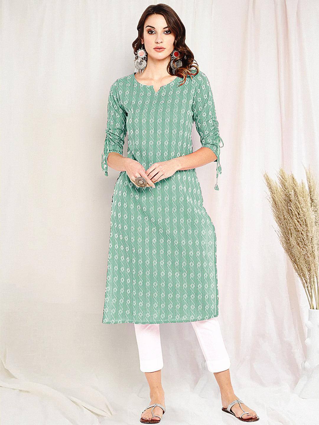 Pista Green Katha work Cotton Kurti- Knee Length - 3805