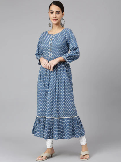 Blue Cotton Ethnic Motifs Flared Kurta - 3956