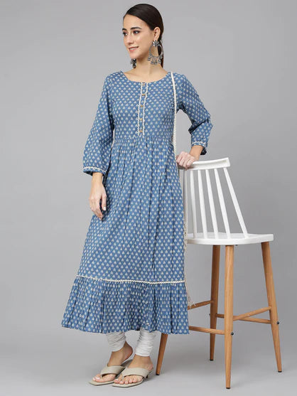 Blue Cotton Ethnic Motifs Flared Kurta - 3956