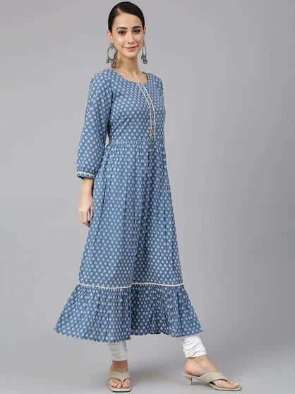Blue Cotton Ethnic Motifs Flared Kurta - 3956
