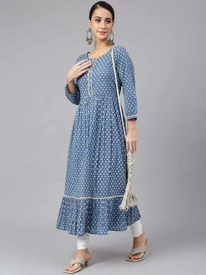 Blue Cotton Ethnic Motifs Flared Kurta - 3956