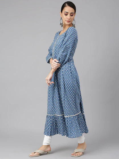 Blue Cotton Ethnic Motifs Flared Kurta - 3956