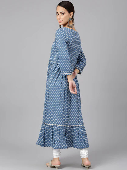 Blue Cotton Ethnic Motifs Flared Kurta - 3956