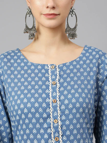 Blue Cotton Ethnic Motifs Flared Kurta - 3956