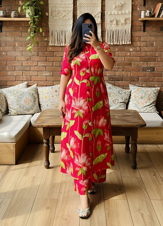 Knee Length- Lotus Red - Cord Sets - Pure Cotton