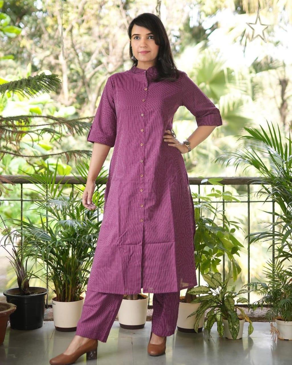 Katha Work - Purple - Cord Set - Pure Cotton