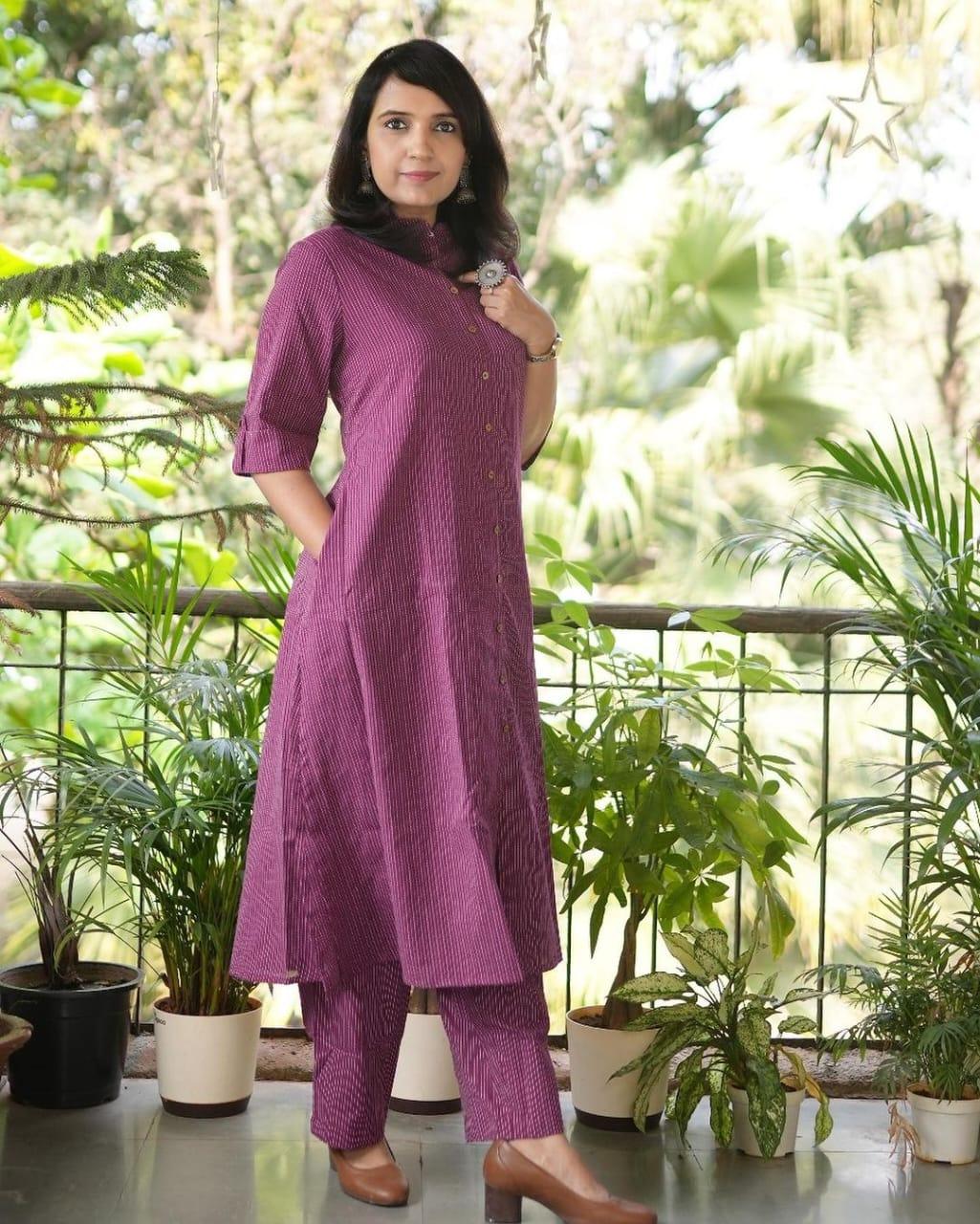 Katha Work - Purple - Cord Set - Pure Cotton